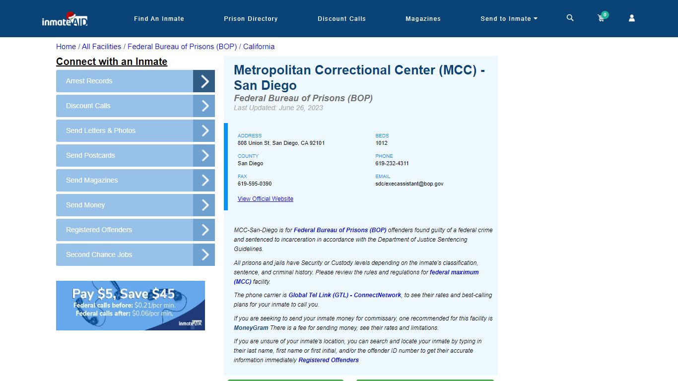 Metropolitan Correctional Center (MCC) - San Diego - Federal Inmate ...